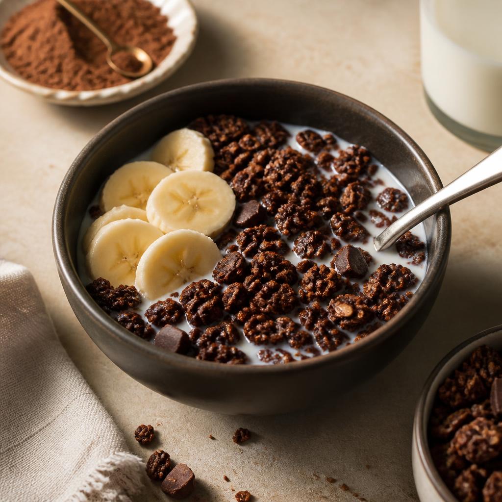 Tô granola Cacao Deadline với sữa và chuối