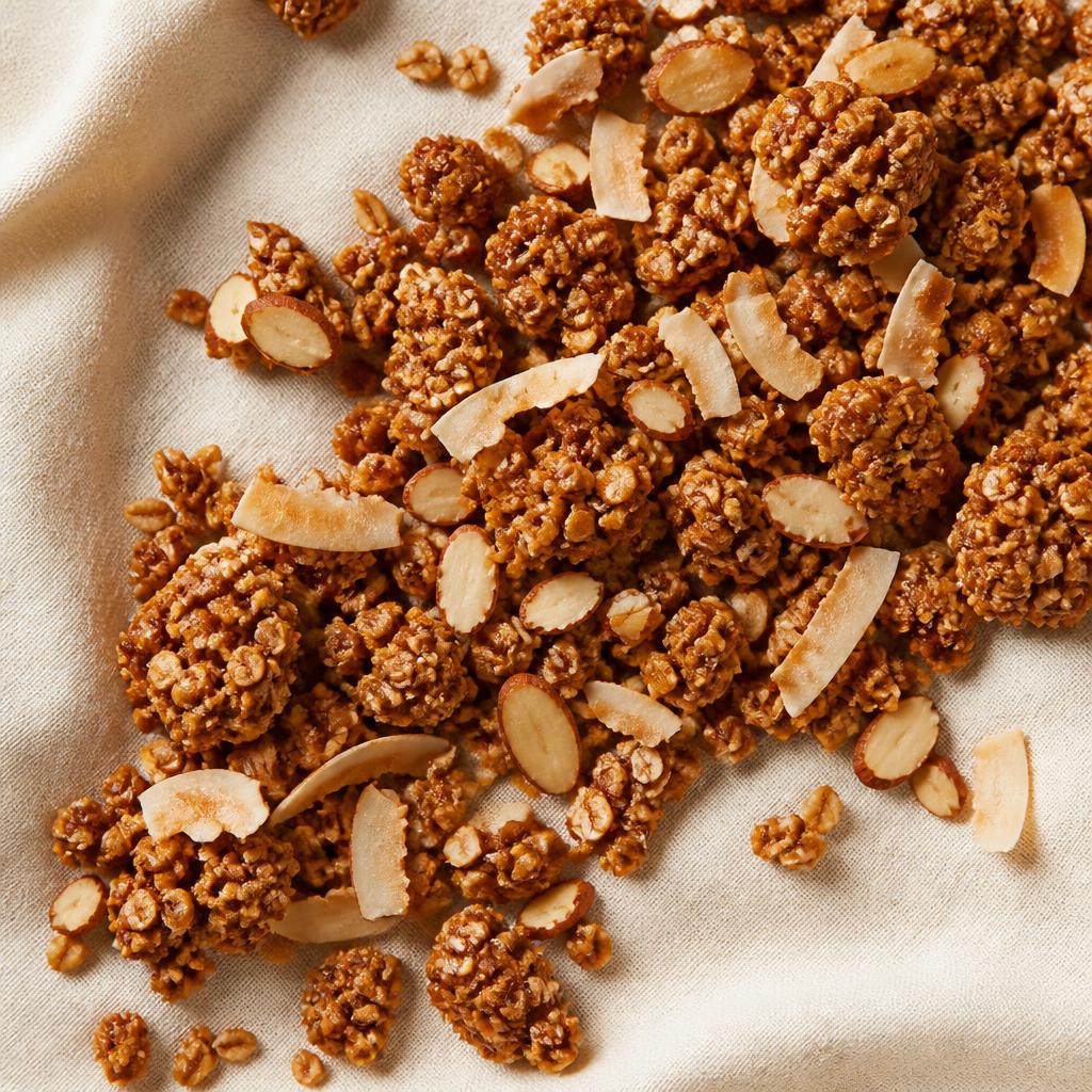 Cận cảnh granola Dừa Năng Động với dừa nướng và hạnh nhân lát