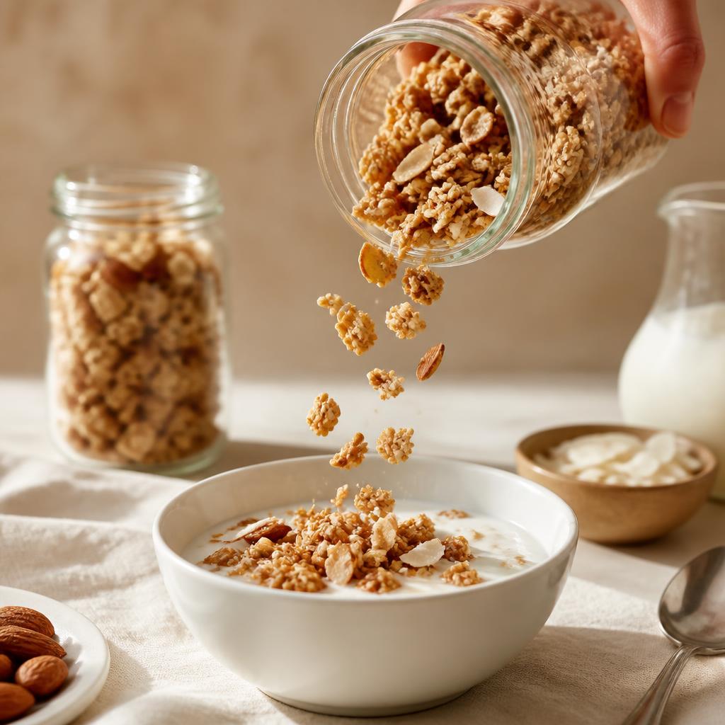 Rót granola Dừa Năng Động vào tô sữa buổi sáng