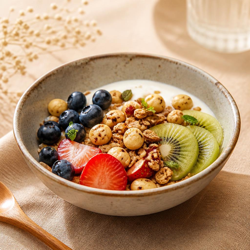 Tô granola Sen Dịu ăn cùng sữa chua và trái cây tươi