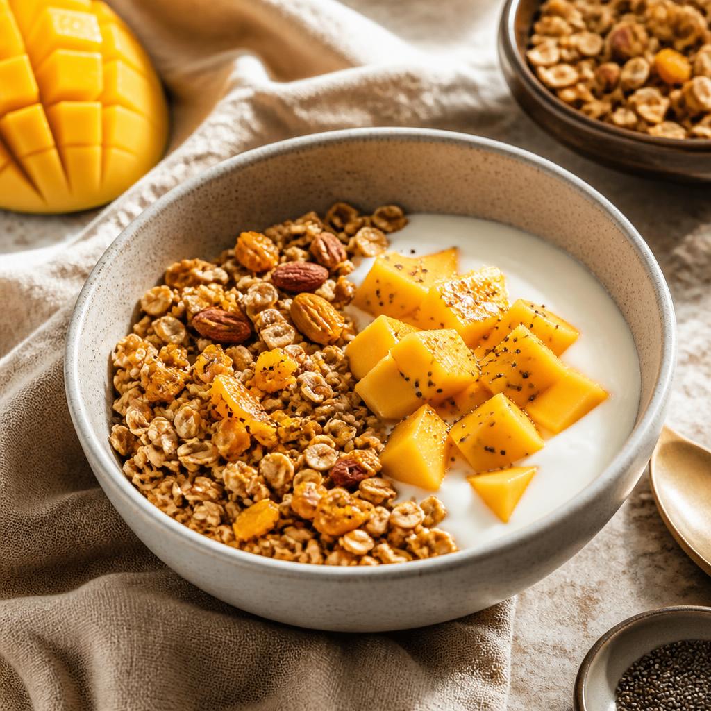 Tô granola Xoài Nắng cùng sữa chua và xoài tươi