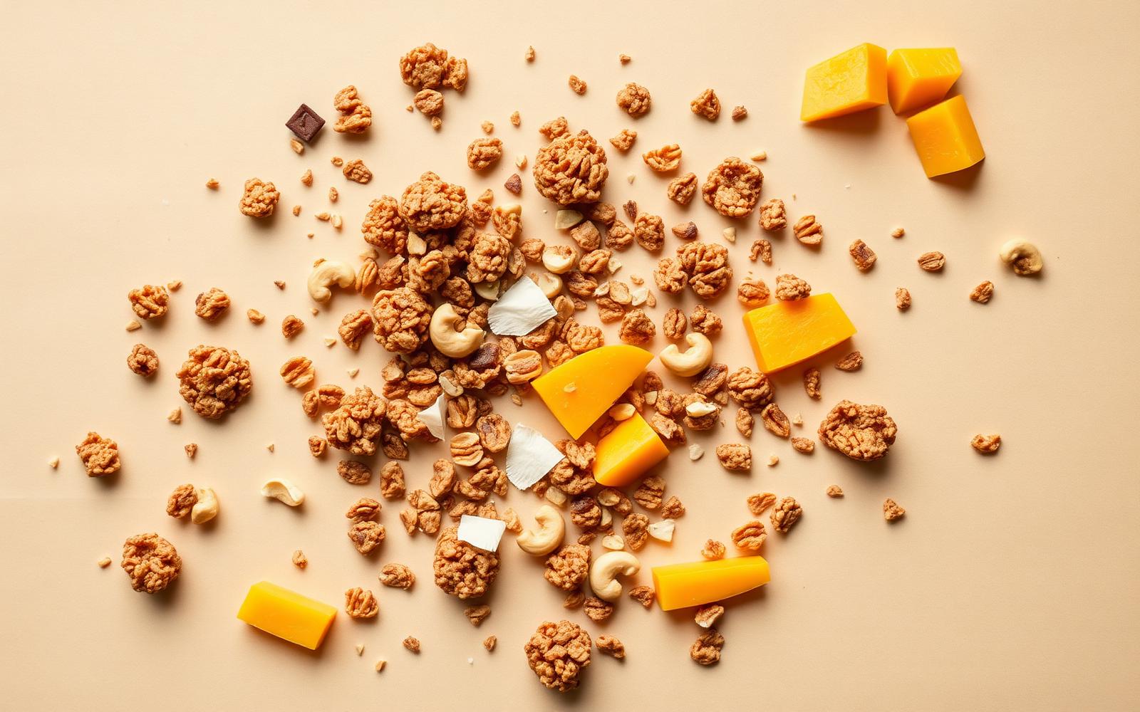 Granola giòn, xoài sấy, dừa nướng và hạt điều trên nền giấy kem